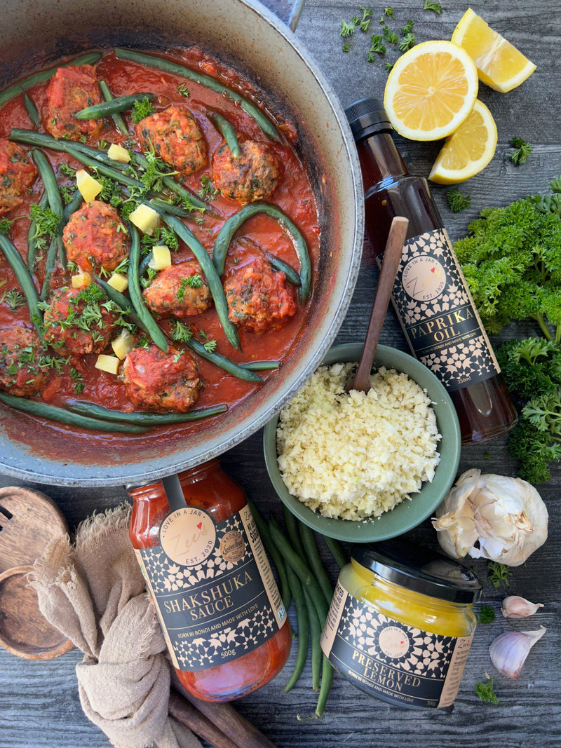Moroccan Meatballs + Green Beans w/ Cauliflower Rice